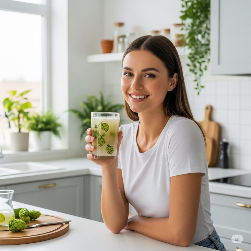 pHix Mature Hops Extract and Hormonal Health Smiling woman in a white kitchen holds a frothy green smoothie. Fresh hops and limes sit on the counter, creating a fresh and cheerful atmosphere.