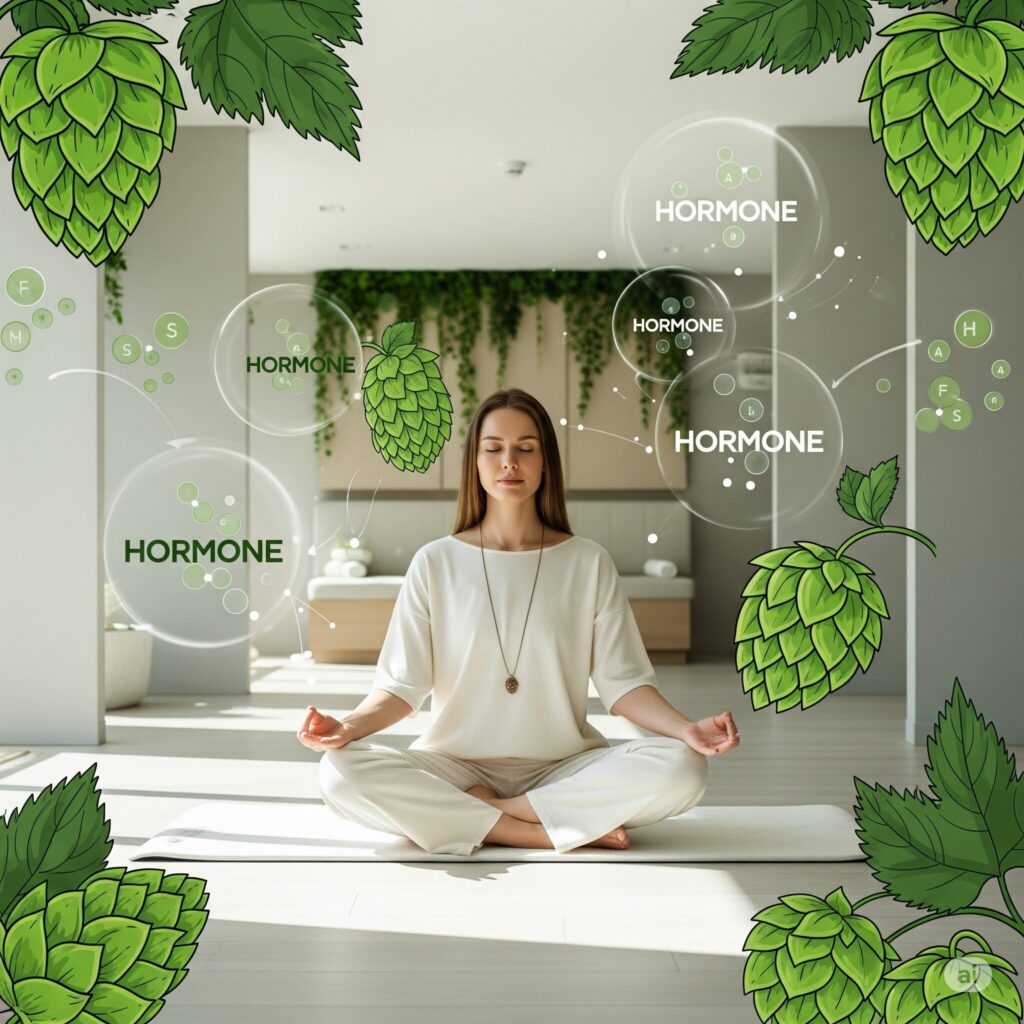 A woman meditates in a bright room, surrounded by floating hops and the word