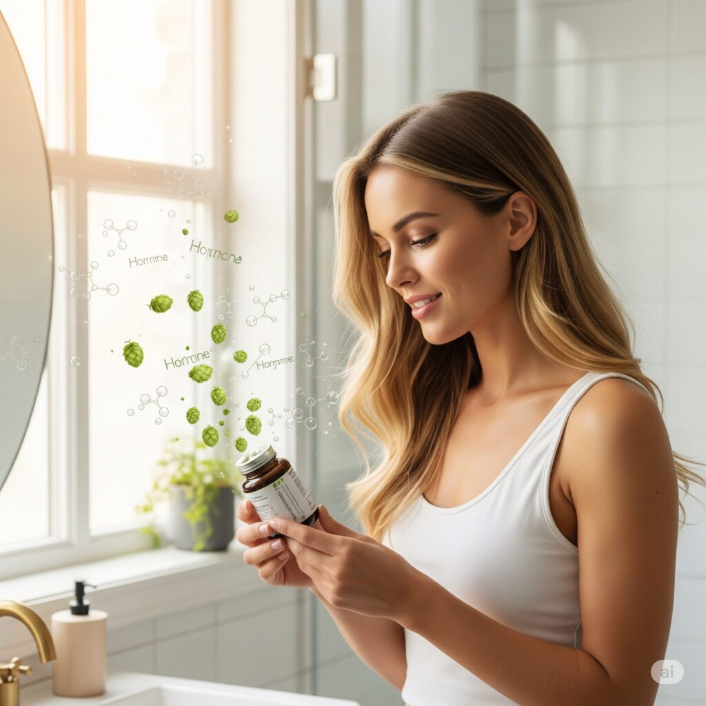 A woman with long blonde hair smiles while holding a supplement bottle in a sunlit bathroom. Green leaves and molecular symbols float around her.