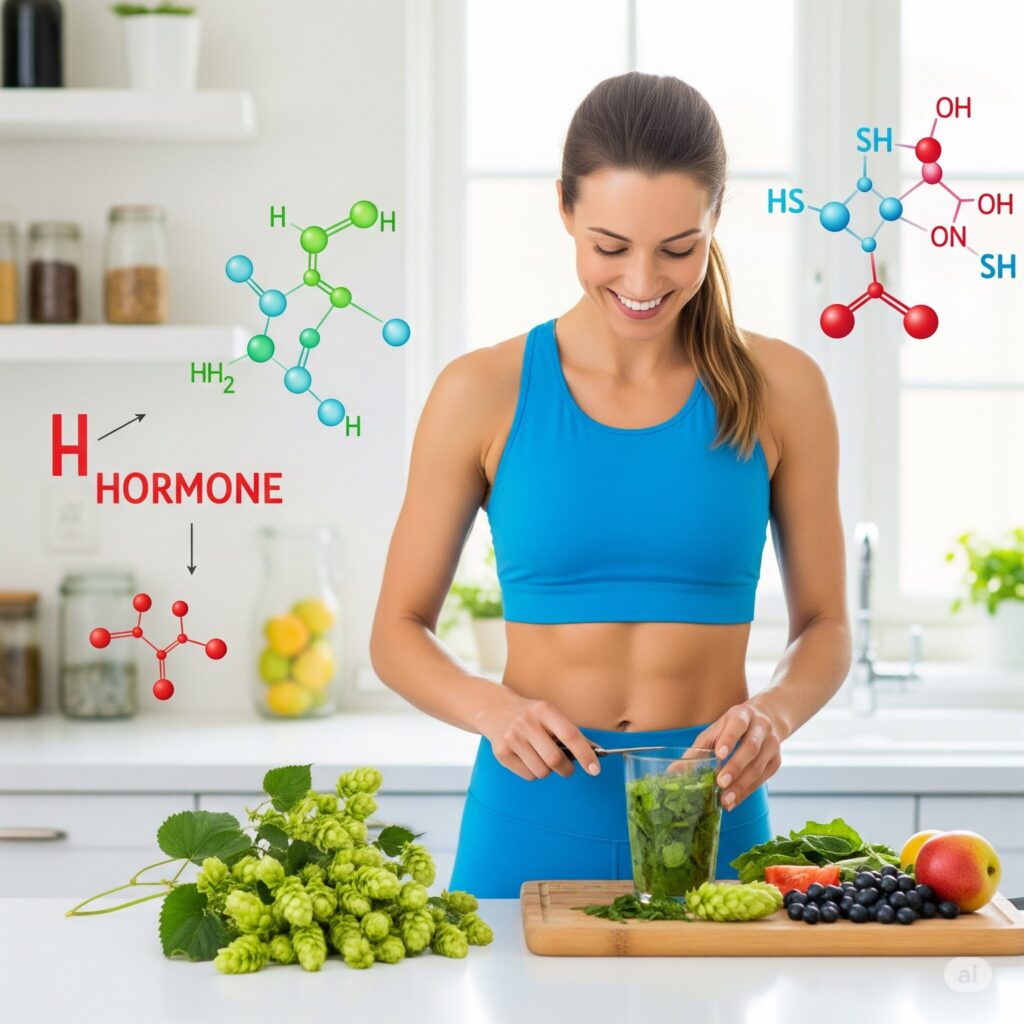 A woman in a blue sports outfit prepares a healthy drink in a bright kitchen, surrounded by fruits and chemical structures representing hormones.