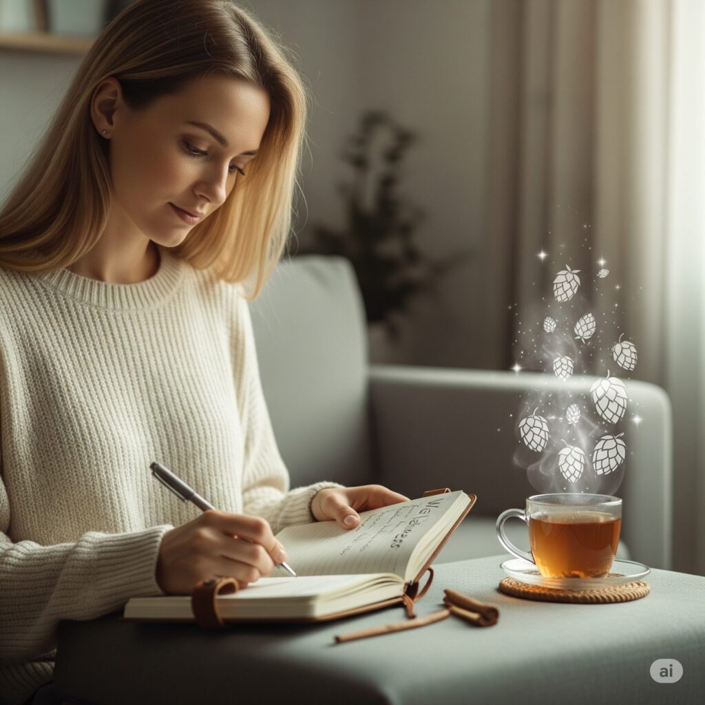 A woman in a cozy sweater writes in a journal, seated on a sofa. Nearby, a steaming cup of tea emits magical glowing leaves, creating a serene ambiance.