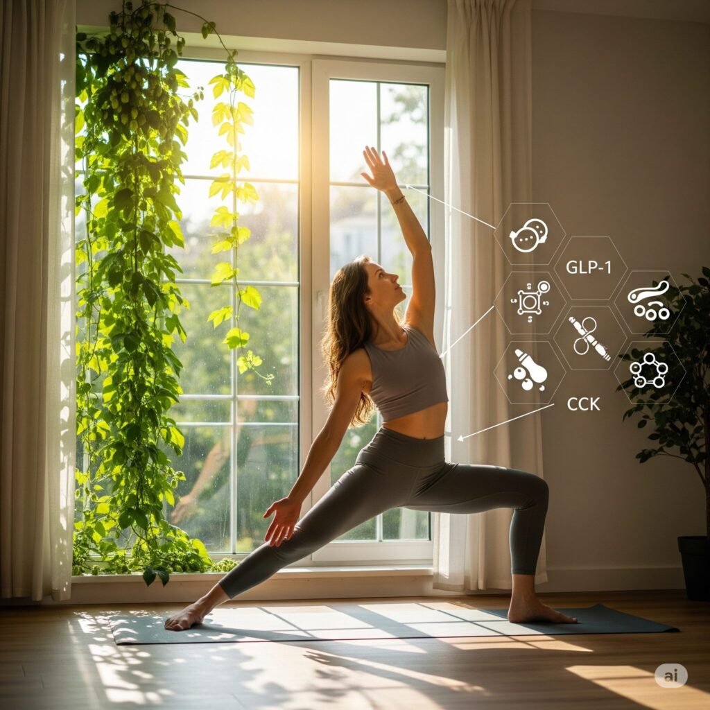 Woman in yoga pose in sunlit room with greenery by window. Overlay of scientific symbols, including