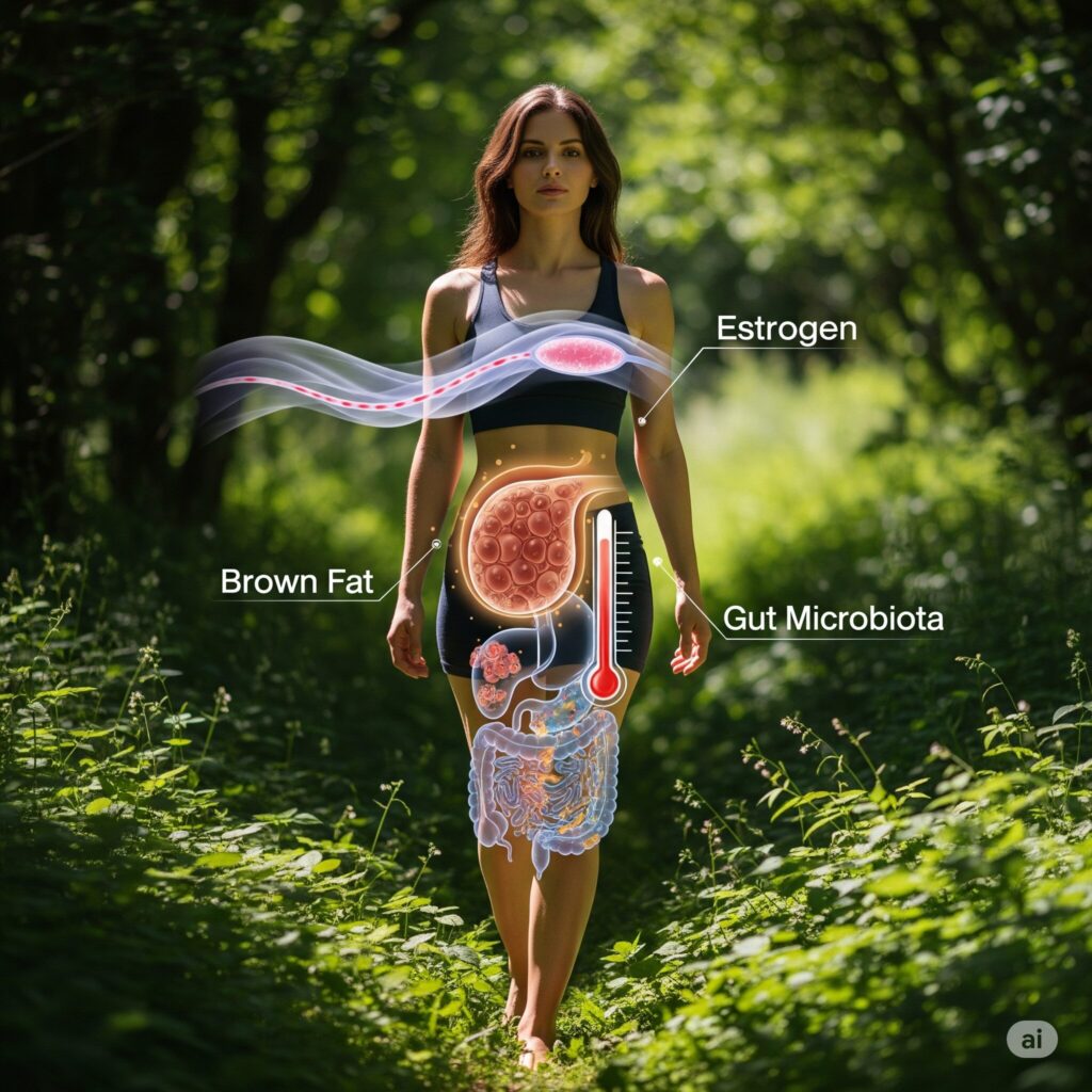 A woman walks through a lush forest, with digital overlays showing the effects of estrogen, brown fat, and gut microbiota on her body.